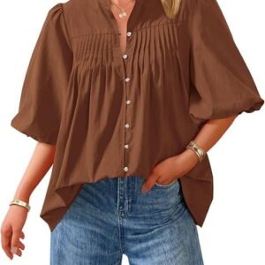 Women Summer Short Lantern Sleeve Tops Loose Fit Button Down Shirt Casual Pleated V Neck Blouses