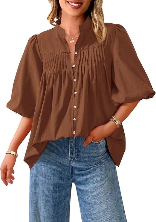 Women Summer Short Lantern Sleeve Tops Loose Fit Button Down Shirt Casual Pleated V Neck Blouses