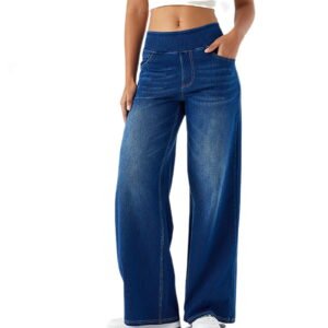 Women Wide Leg Jeans Baggy High Waisted Pull on Stretch Denim Pants Trendy Casual Trousers with Pockets