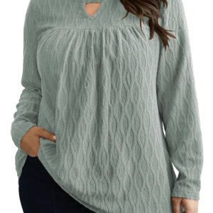 Women Plus Size Tops Long Sleeve Shirts V Neck Textured Keyhole Gathered Knit Tunic Loose Fall Blouses