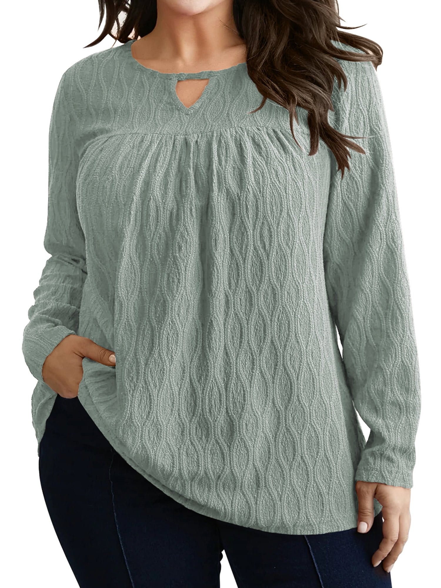 Women Plus Size Tops Long Sleeve Shirts V Neck Textured Keyhole Gathered Knit Tunic Loose Fall Blouses