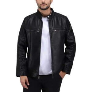 Mens Grainy PU Leather Moto Jacket, Black, L
