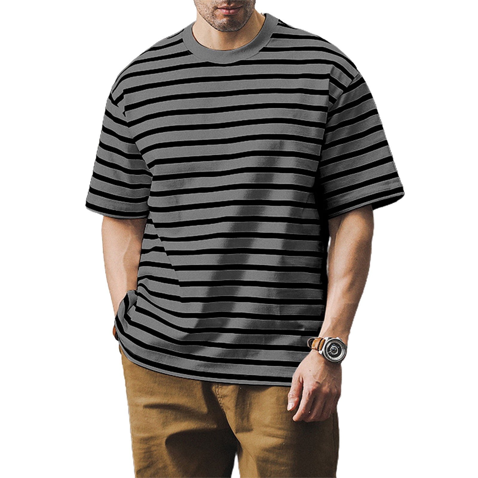 Men's Loose T-Shirts Trendy Casual Striped Round Neck Short Sleeve Basic Tees 2025 Black XL - Image 2