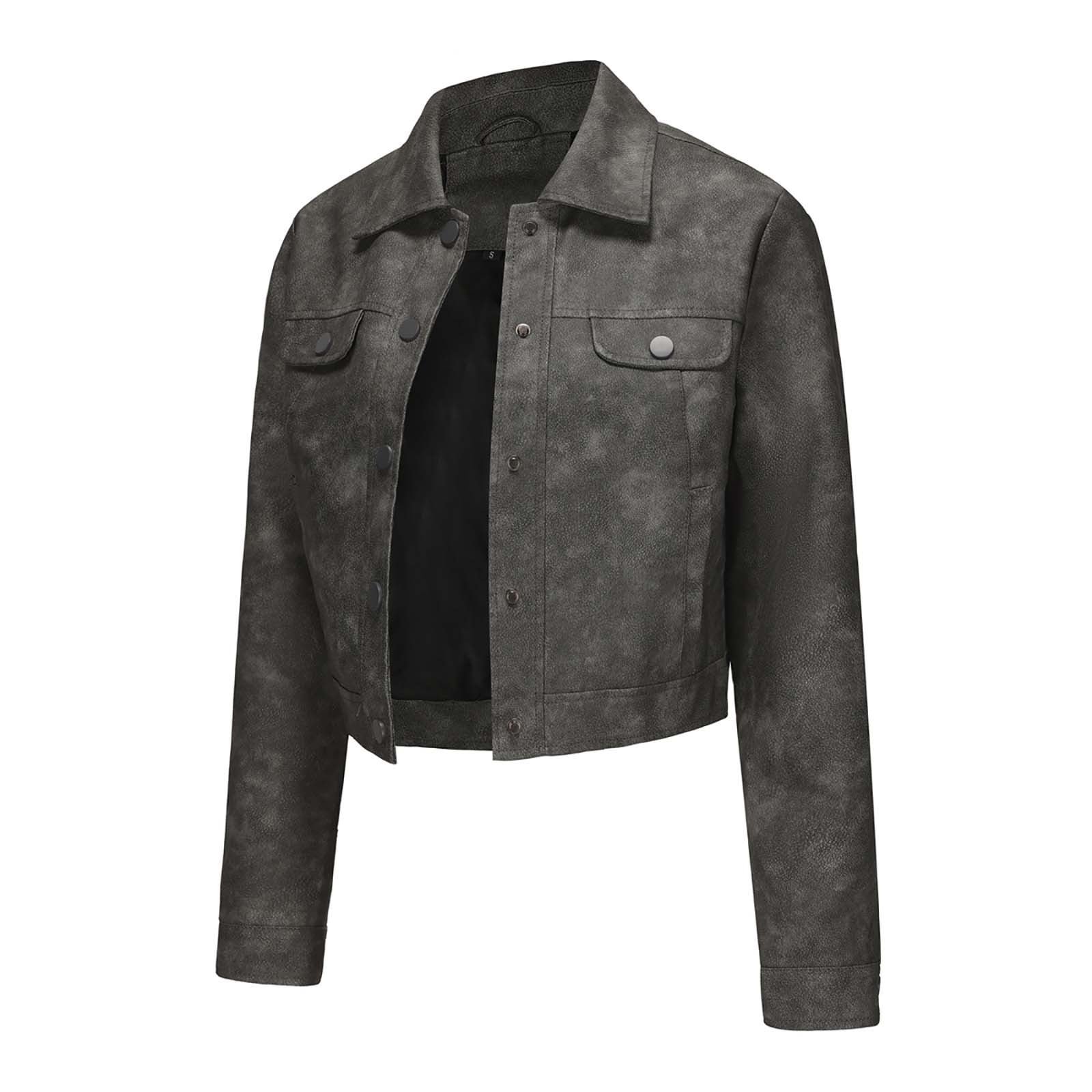 Women Faux Leather Jacket Cropped Denim Jacket Button Up Short Sleeve Outwear Gray 12 - Image 2