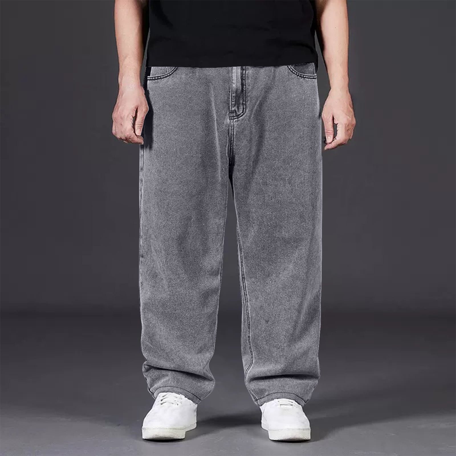 Mens Baggy Hip Hop Jeans Casual Loose Fit Vintage Skateboard Dance Denim Pants Casual Elastic Straight Leg Sport Pant Gray 6 - Image 2