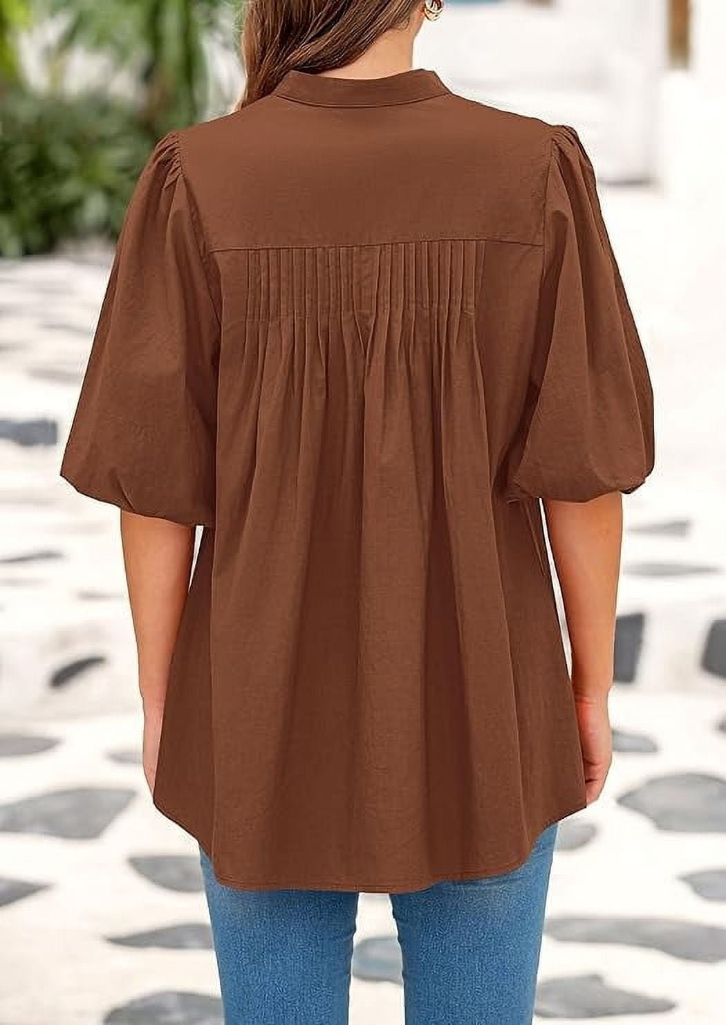 Women Summer Short Lantern Sleeve Tops Loose Fit Button Down Shirt Casual Pleated V Neck Blouses - Image 2