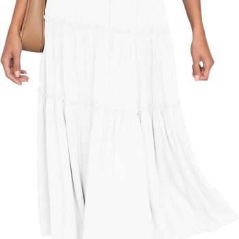 Women's Boho Elastic High Waist A Line Ruffle Swing Beach Maxi Skirt with Pockets