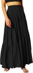 Women’s Boho Elastic High Waist Pleated A-Line Flowy Swing Asymmetric Tiered Maxi Long Skirt Dress with Pockets