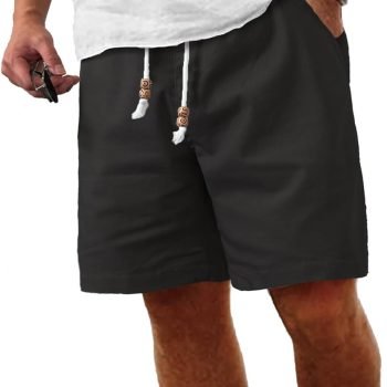 Men's Linen Shorts Casual Elastic Waist Drawstring Summer Beach Vacation Yoga Golf Shorts with Pockets
