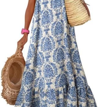 Women Summer Dresses  Spaghetti Strap Scoop Neck Smocked Ruffle Flowy Boho Maxi Dress