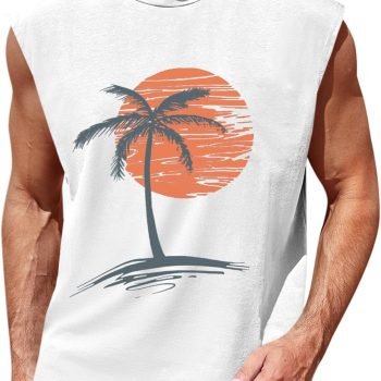 Mens Sleeveless Tank Tops Workout Gym Muscle Shirts Palm Tree Vintage Hawaiian Summer Beach T Shirts