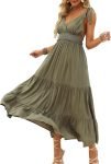 Women's Summer V Neck Tie Strap Maxi Dress Halter Ruffle Hem Long Dresses Spaghetti Strap Long Flowy Dresses