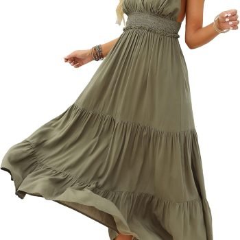 Women's Summer V Neck Tie Strap Maxi Dress Halter Ruffle Hem Long Dresses Spaghetti Strap Long Flowy Dresses
