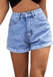 Women's High Rise Roll Up Hem Straight Leg Denim Jean Shorts with Pocket