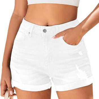 Women Mid-High Rise Ripped Denim Shorts Stretchy Distressed Jean Shorts with Pockets Folded Hem Casual Summer Jorts