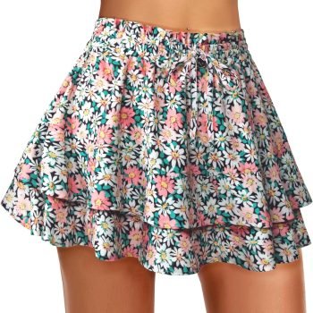 Women's Boho Ruffle Skirt Floral Tiered Mini Skirts with Shorts Underneath