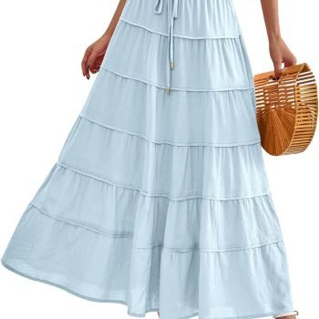 Women Summer Tiered Maxi Skirt Drawstring Elastic Mid-Waist A Line Boho Beach Dress Flowy Long Skirts with Pocket
