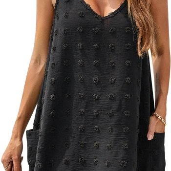 Women's Casual Sun Summer Dresses Swiss  Beach Cover Up V Neck Tank Dress with Pockets
