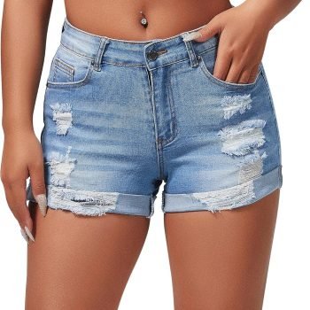 Women's Summer Mid Rise Ripped Denim Shorts Stretchy Butt Lifting Jean Shorts