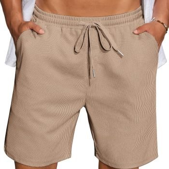 Mens Casual Waffle Shorts Elastic Waist Summer Beach Shorts 7" Workout Sweat Shorts